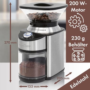 Електрична кавомолка ProfiCook PC-EKM 1205, 200 Вт, 16 режимів помелу, конічні жорна з нержавіючої сталі, таймер, до 230 г кавових зерен