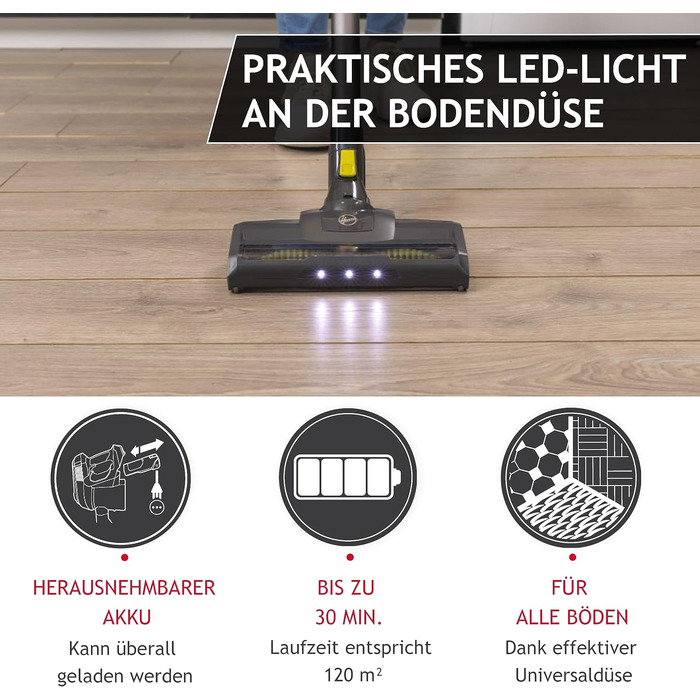 Пилосос акумуляторний Hoover без мішка, до 120 м², LED-підсвітка, XL контейнер, паркувальна функція, насадка-щілина та щітка, модель HF110H Home