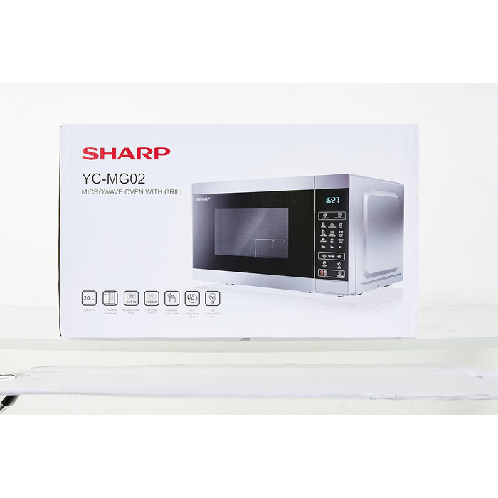 Мікрохвильова піч SHARP MG02ES з грилем, 20 л, 800 Вт, 11 режимів, розморожування, цифрове керування, срібляста
