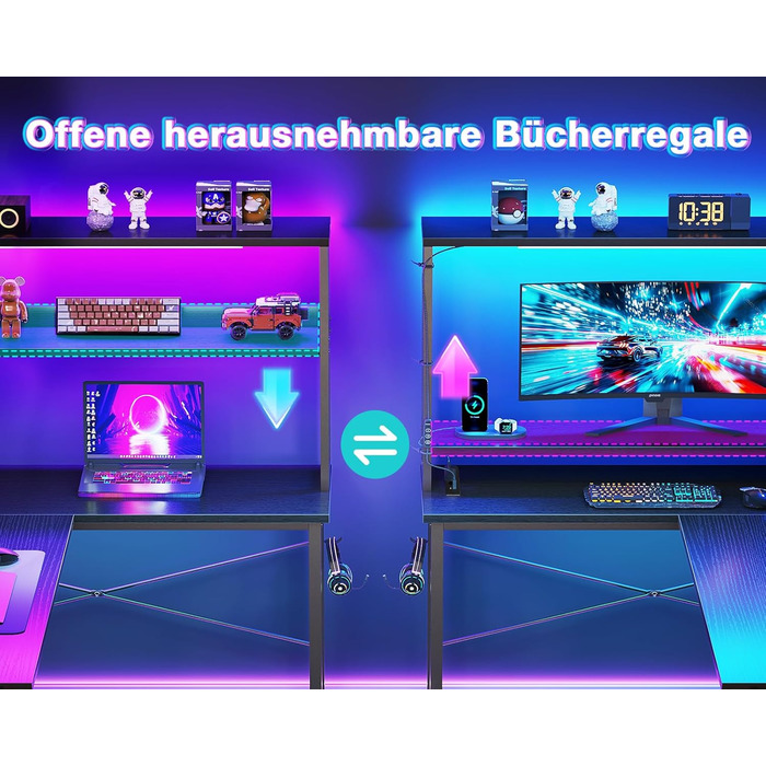 Ігровий стіл Coleshome L-подібної форми з LED-підсвічуванням та розетками, 110 × 80 см. Реверсивний стіл з полицями для зберігання, чорний. Підходить для home office та геймінгу.