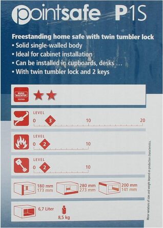 Сейф Burg-Wächter PointSafe P 1 S з двома ключами, для меблів, чорний, 180x280x200 мм, монтаж на стіну та підлогу