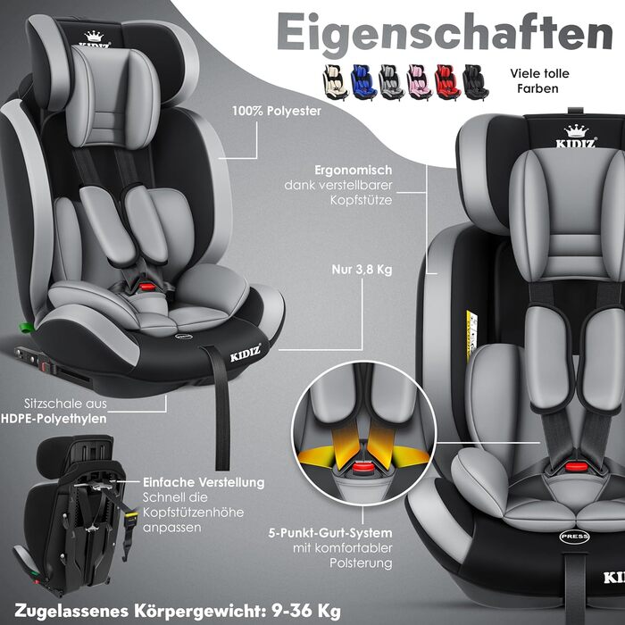 Дитяче автокрісло KIDIZ з Isofix, група 1/2/3, 9-36 кг, регульований підголівник, 5-точковий ремінь, сіре, для дітей 1-12 років