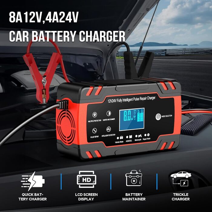 Зарядний пристрій для акумулятора 12V/24V 8A - Інтелектуальний зарядний пристрій для авто, мотоцикла, вантажівки та човна