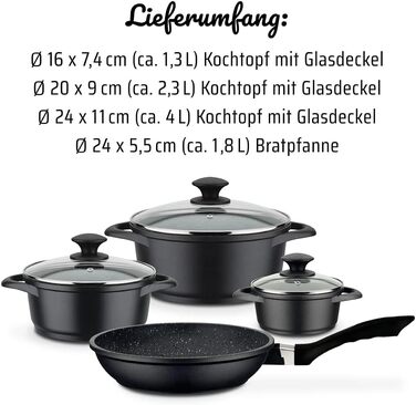 Набір каструль і сковорідки GSW Gourmet Granit, 7 предметів, алюмінієвий литий, з кришками, для індукції та духовки, чорний
