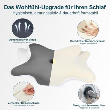 Ортопедична подушка для шиї з піни Memory Foam – підтримка шийного відділу хребта, ергономічна подушка-метелик для сну на боку та спині. При болях у шиї, регульована висота, знімний чохол.