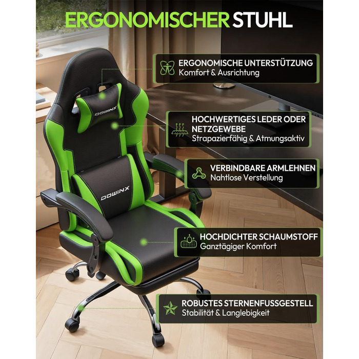 Ігрове крісло Dowinx Ergonomic Gaming Chair з підставкою для ніг, регульованими підлокітниками, навантаження до 150 кг, колір Зелений Pro