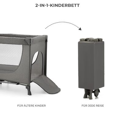 Дитяче ліжечко Kinderkraft JOY 2 в 1, дорожнє та класичне, з колесами, компактне, сучасний дизайн, темно-сірий