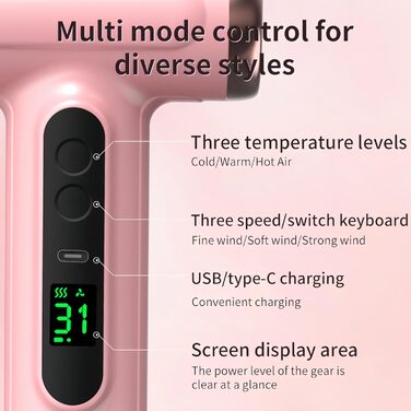 Портативний бездротовий фен для волосся Bewinner Pro Akku, 200 Вт, 15000 мА·год, 3 швидкості та температури, цифровий дисплей, для жінок, кемпінгу, білий