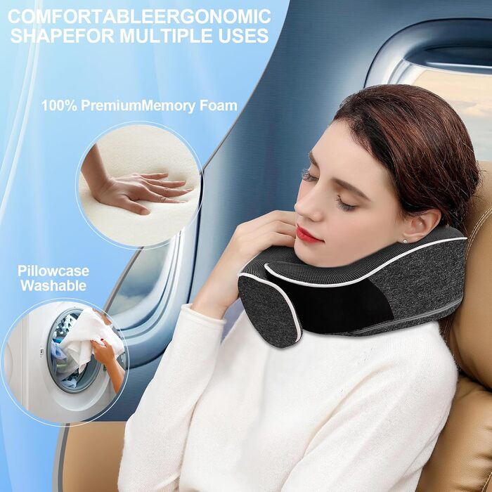 Ергономічна подушка для подорожей Collazoey з ефектом пам'яті (Memory Foam) для шиї, набір з маскою для сну, берушами та сумкою для зберігання, темно-сіра
