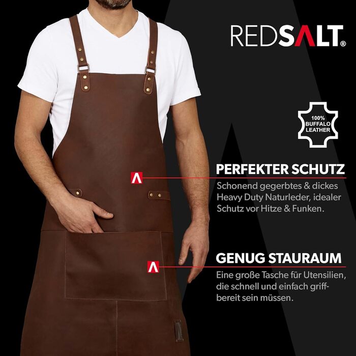 Преміум фартух із буйволиної шкіри REDSALT, 84x62 см, кросбек, коричневий — для гриля, барбекю, кухні, бару, бариста, подарунок для чоловіків