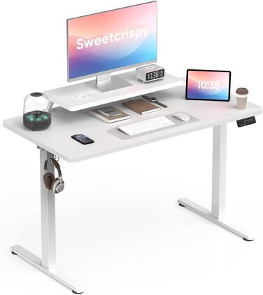 Регульований стіл Sweetcrispy з підставкою для монітора, електричний, ергономічний, стоячи/сидячи, комп'ютерний, vintage, білий, 120 x 60 см
