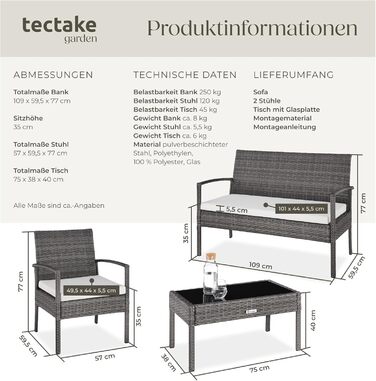 Садові меблі з поліратану tectake, комплект: 2 крісла, лавка і стіл, сіра, вуличні меблі для тераси, балкона, саду, вологостійкі
