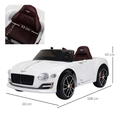 Дитячий електромобіль Bentley GT ліцензійна модель з пультом дистанційного керування, 2 x 390 двигуни, білий колір, розміри 108 x 60 x 43 см