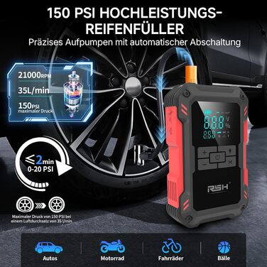 Пусковий пристрій RSH 4000A Jump Starter з компресором 150 PSI, бустер для авто 12V (бензин до 9.0L, дизель до 6.5L), Powerbank 10000 mAh та LED-ліхтарем, 4-в-1