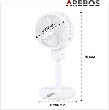 Вентилятор Arebos 55Вт, 3D осциляція, 23 см, тихий, регульована висота, 4 швидкості, таймер, дистанційне керування