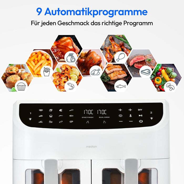 MEDION P20 XXL аерофритюрниця з двома камерами, 8,7 л, 2600 Вт, подвійна камера, 9 автоматичних програм, 2 шухляди, оглядове вікно, функція Dual Cook і Sync-Finish, біла