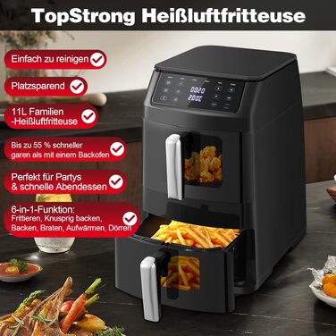 Вертикальна аерофритюрниця TopStrong з двома камерами 11л, 2500W, з вікном перегляду та 6 функціями приготування, чорна