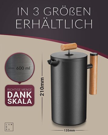 Френч-прес для кави Lambda Coffee, термостійкий, подвійні стінки, 0,6 л (3 чашки), нержавіюча сталь, чорний