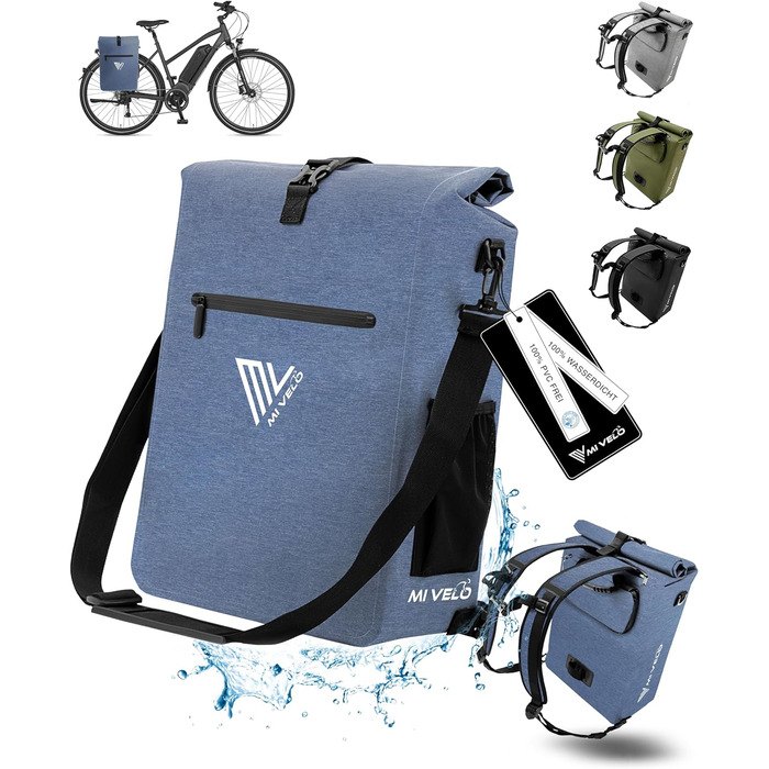 Велосумка MIVELO 3-в-1 на багажник, рюкзак та сумка через плече, водонепроникна, без ПВХ, з відділенням для ноутбука, джинсова синя