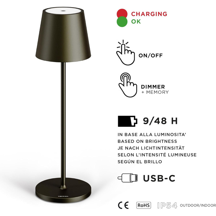 Світлодіодна акумуляторна настільна лампа Stilosa Classica 3, димована, IP54, для дому та вулиці, заряджається через USB-C, тепле світло, дизайнерська, чорна, кругла основа 38 см