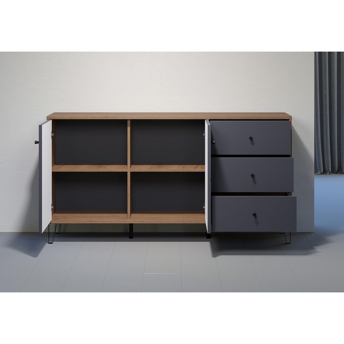 Сервант trendteam smart living Montez, сірий/дуб, 2 двері, 3 шухляди, фрезеровані фасади, металеві ніжки, 183x76x40 см