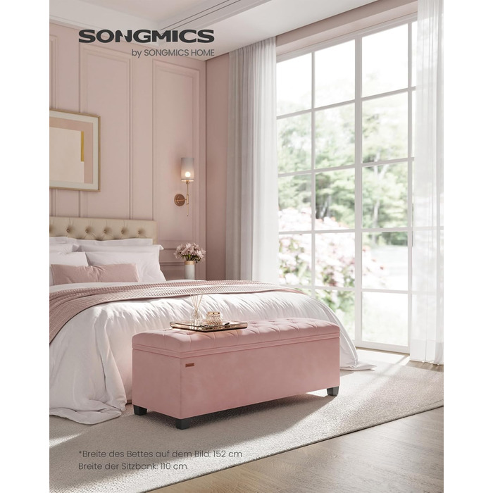 Пуф SONGMICS з місцем для зберігання, банкетка з ніжками, 40x110x40 см, місткість до 300 кг, для вітальні, спальні, коридору, пастельно-рожевий