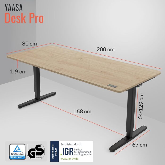 Ергономічний електричний стіл Yaasa Desk Pro з регулюванням висоти, білий/білий, 200x80 см – стіл для офісу та дому, вантажопідйомність 120 кг