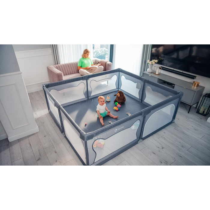 Манеж дитячий LIONELO WILLOW XL, 180x200x68 см, для дітей від 0 до 48 місяців, з дихаючими сітчастими стінками та двома боковими входами на блискавці
