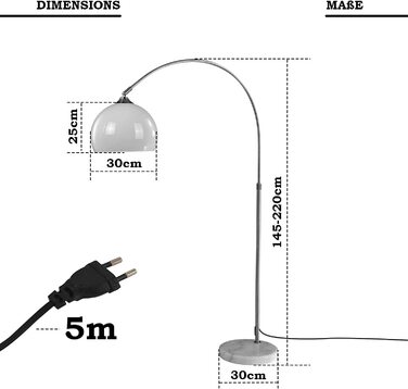 Торшер дуговий Jago, регульована висота 130-180 см, E27 LED, макс. 60 Вт, білий, енергоклас A++-E – підлогова лампа для вітальні