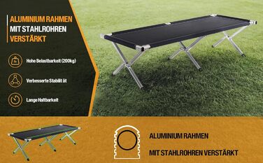 Розкладне ліжко Kronenburg XXL 210x72x45 см, посилене сталеве, до 200 кг, чорне, для кемпінгу