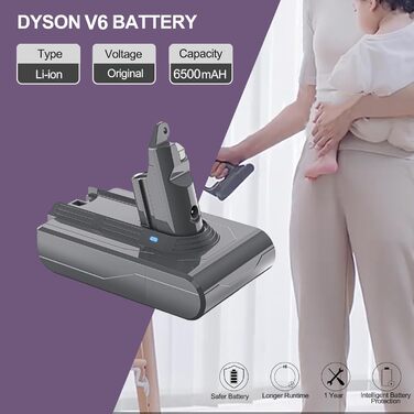 Акумулятор для пилососа Dyson V6 DC62 LONGFIT 6500mAh Li-ion, сумісний із моделями Animal, Trigger, Fluffy, Motorhead, Absolute, DC58, DC59, DC61, DC62, DC72, DC74, SV03, SV05, SV06, SV07, SV09