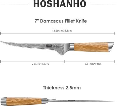 Японський ніж HOSHANHO з дамаської сталі 20 см (67 шарів), кухонний ніж для приготування їжі, гострий, з ергономічною ручкою оливкового кольору (18 см для філе)