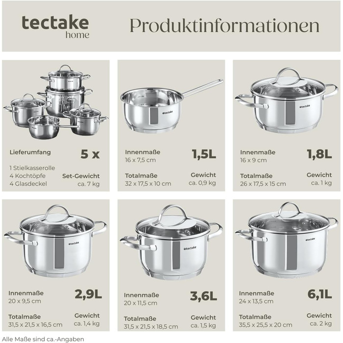 Набір каструль tectake® 9 предметів з нержавіючої сталі, посуд для плити (індукційна, газова, електрична), кухонний набір для дому та кемпінгу