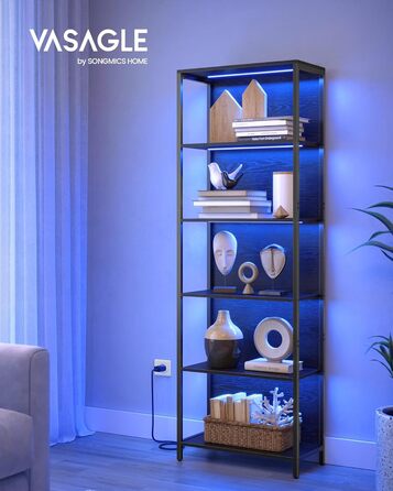 VASAGLE книжкова шафа з 6 полицями, стелаж зі сталевим каркасом, регульоване LED-підсвічування, 30,3×60×178,6 см, для вітальні, спальні, кабінету, чорне ебенове дерево