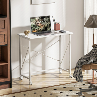 Складаний письмовий стіл на колесах зі сталевим каркасом для кабінету та спальні, 80 x 40 x 75 см, білий
