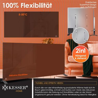 Інфрачервоний обігрівач KESSER 600 Вт, скляний конвектор, енергоощадний, 2-в-1: підлоговий і настінний, електрообігрівач з датчиком відкритого вікна, термостатом, дистанційним керуванням і керуванням через додаток, чорний
