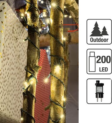 Гірлянда hellum LED для вулиці з таймером, 19,9 м, 200 теплих білих LED, електрична з зеленим кабелем, для ялинки