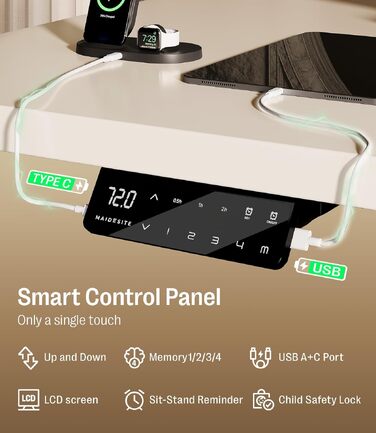 Електричний регульований стіл MAIDeSITe S2 Pro 140x70 см, чорна рама + біла стільниця, вантажопідйомність 160 кг, захист від зіткнень