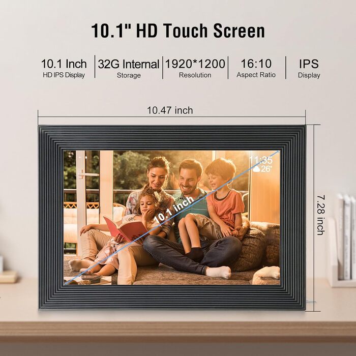 Цифровий фоторамка TSITSC 10.1 дюйма з Wi-Fi, IPS-сенсорний екран, 32 ГБ пам'яті, автоповорот, Frameo APP, чорний (1011Y)