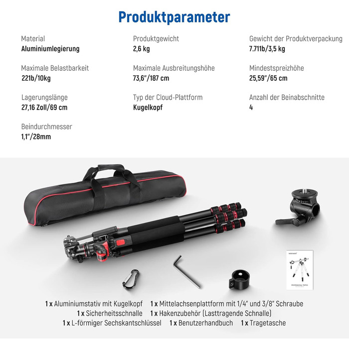 NEEWER 73,6'' горизонтальний штатив з кульовою головкою, алюмінієва багатофункціональна центральна колонка, 360° обертання, 180° нахил для макрозйомки та зйомки зверху, вантажопідйомність 10 кг, TP27