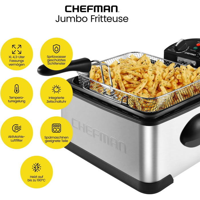 Фритюрниця Chefman 4,3 л з кошиком, XL, регульована температура, таймер, знімний масляний контейнер, нержавіюча сталь, для курки, картоплі фрі, морепродуктів