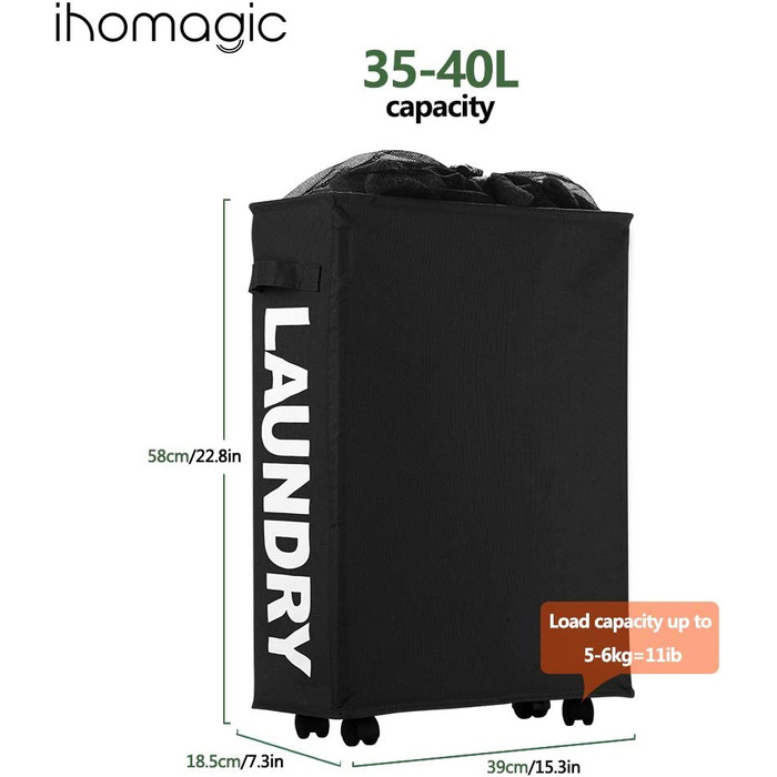 IHOMAGIC кошик для білизни на колесах, вузький складаний кошик 40 л з ручками, прямокутний органайзер для прання з міцної тканини 600D, для ванної та пральні, 39x18,5x58 см, синій