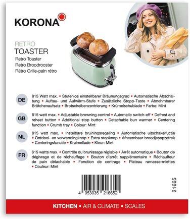 Тостер Korona 21665 на 2 скибки, м'ятний, 810 Вт, регулювання ступеня підсмажування, функції розморожування, підігріву, підставка для булочок, піддон для крихт, центрування хліба