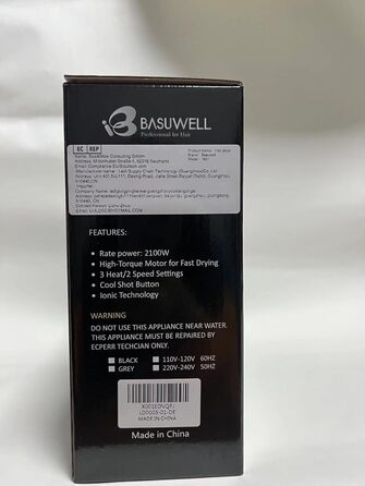 Професійний іонний фен для волосся Basuwell 2100Вт, салонний фен з інфрачервоним нагрівом, 3 режими нагріву, 2 швидкості, низький рівень шуму, AC-мотор, дифузор, чорний