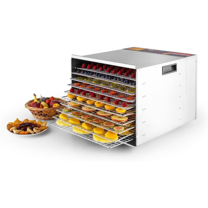 Сушарка Klarstein Fruit Jerky 14 для фруктів, овочів і м'яса, 1000 Вт, 14 лотків, 1,8 м², регулювання до 70°C, таймер, чорна