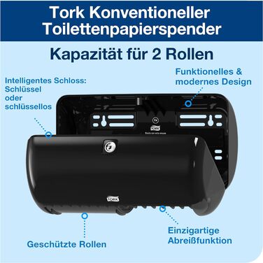 Tork 557008 Диспенсер для туалетного паперу T4, чорний, гігієнічний паперовий дозатор для туалетів, серія Elevation Single