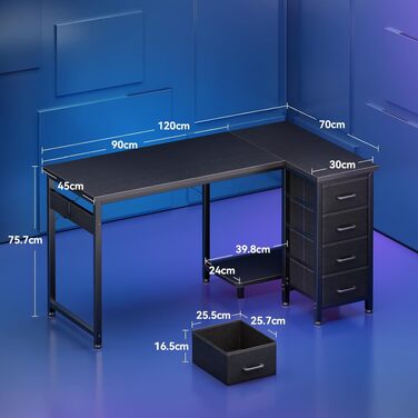 Кутовий письмовий стіл Coleshome L-подібний, 120x70 см, з 4 шухлядами, реверсивний комп'ютерний стіл для офісу та спальні, чорний