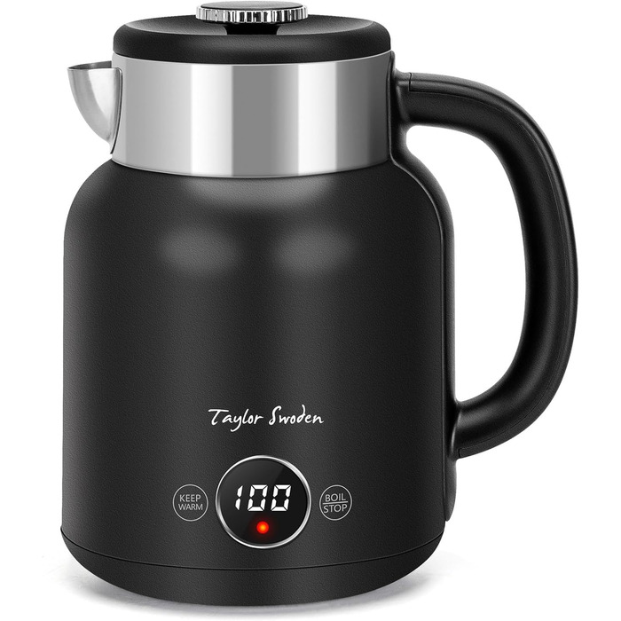Електрочайник Taylor Swoden Asher з регулюванням температури 45-100°C, 1.7 л, ретро стиль, нержавіюча сталь, 2200 Вт, чорний, функція підтримки тепла
