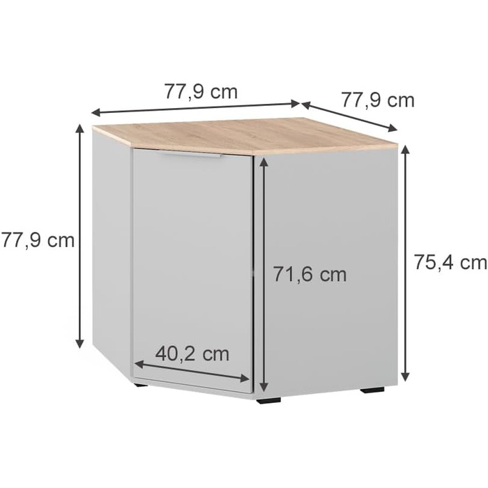 Кутова тумба Vicco Betti, біла/дуб сонома, 78x78 см, з одними дверцятами