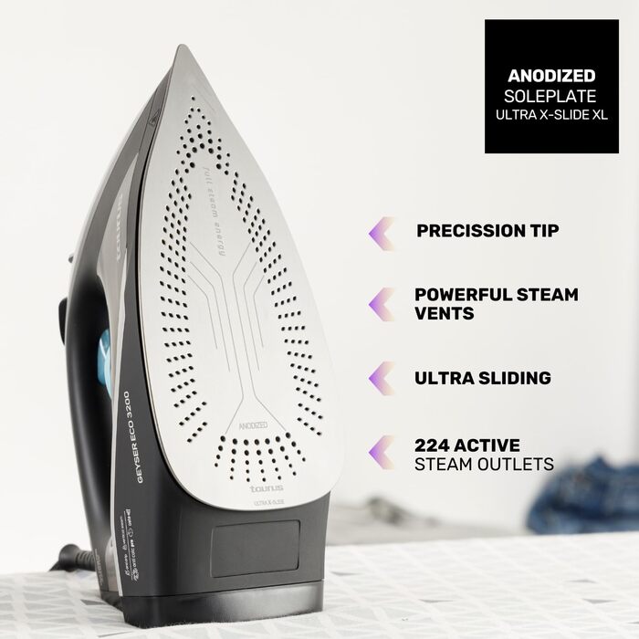 Праска Geyser Eco 3200: 3200 Вт, підошва Ultra X-Slide, 220 г/хв, антиналіт, захист від протікання, самоочищення, ECO-режим